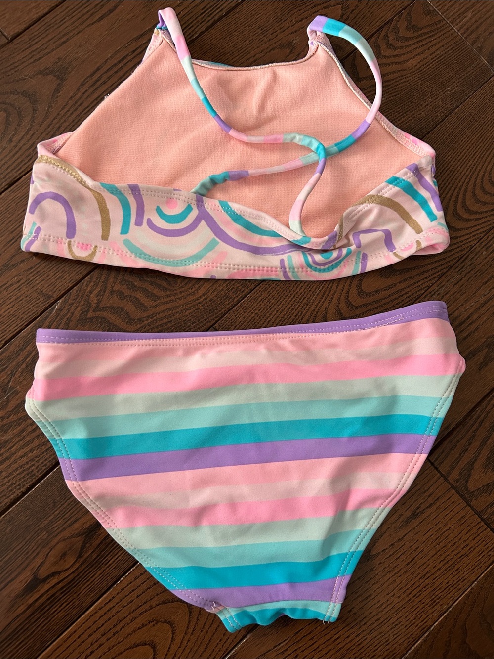 🔥 5/$25 - Girls' Multicolor Rainbow Stripe Two-Piece Swim Set - Pink & Teal - Picture 2 of 3